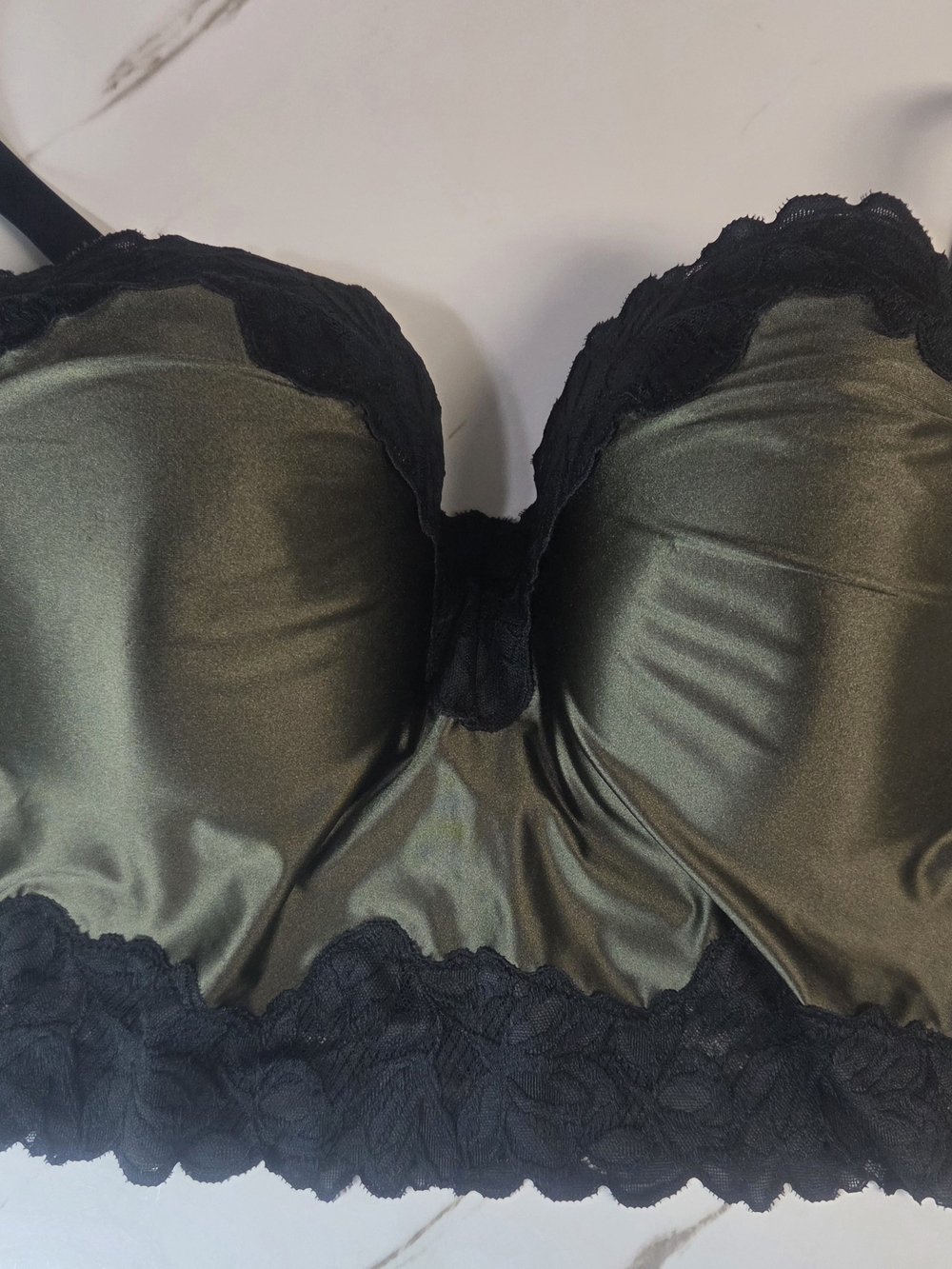 Auden Olive Satin Bustier Bra with Black Lace Trim